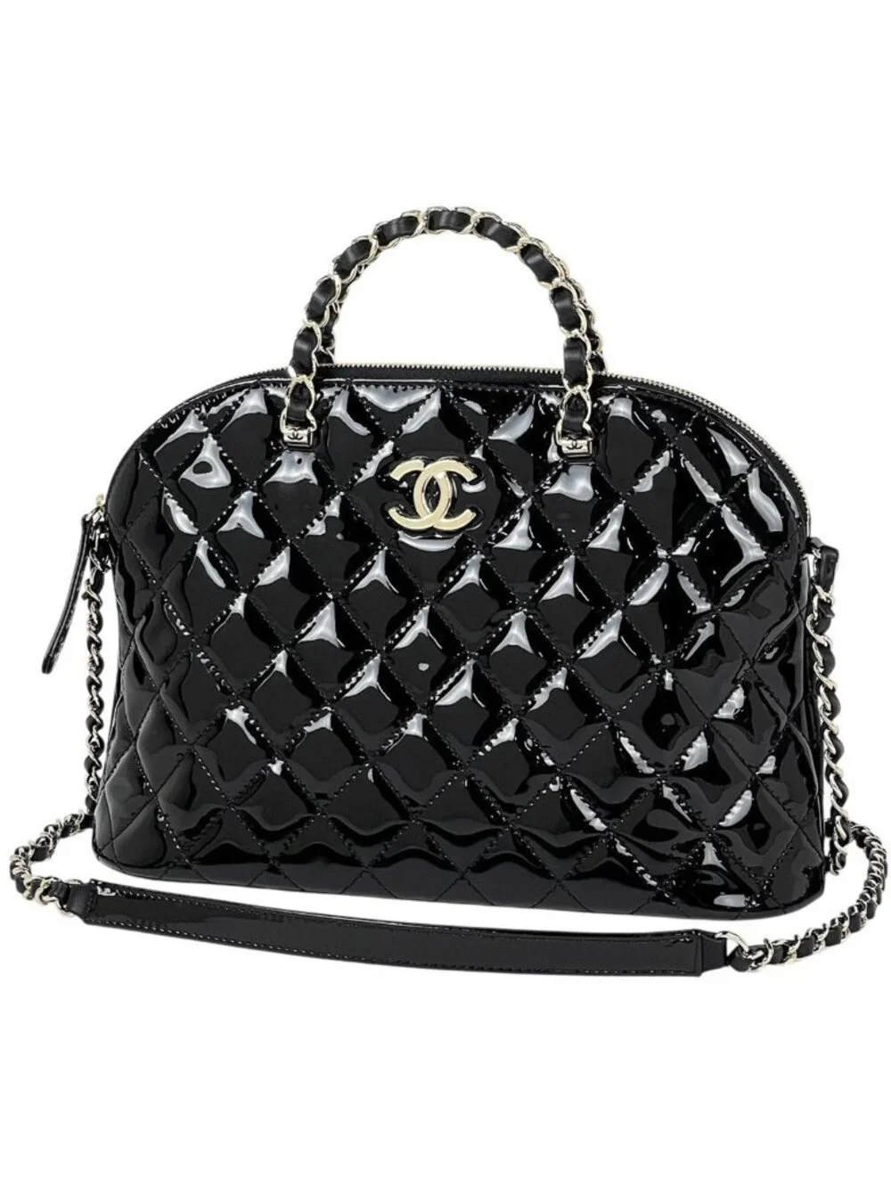 Chanel CC Logo Handbag Chain 2-Way Enamel Patent Leather Black